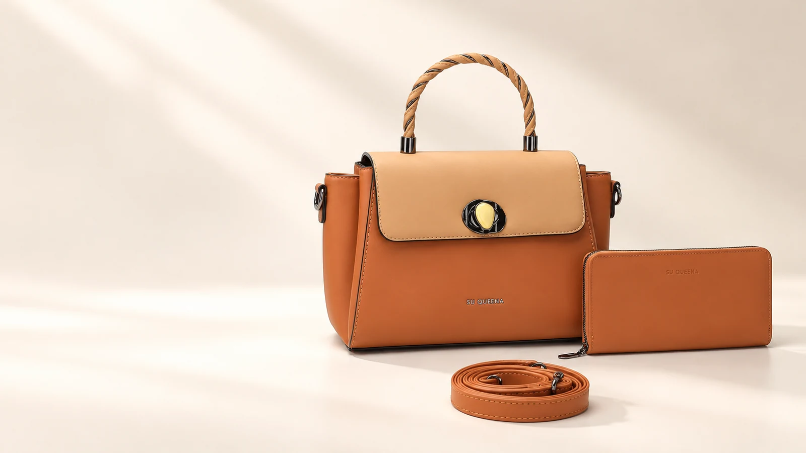 SU QUEENA 3234 in tan and caramel, with matching wallet and shoulder strap