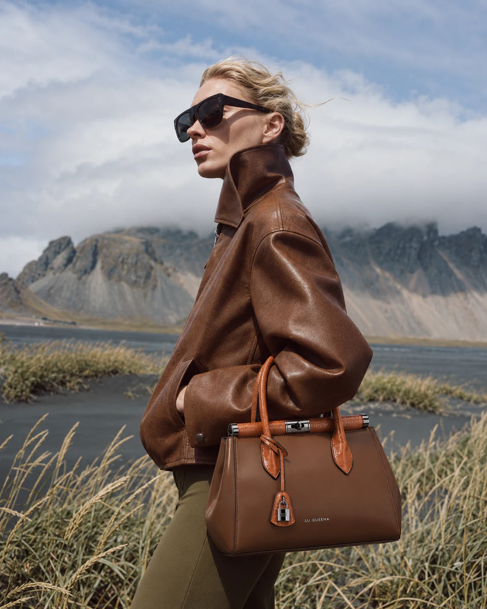 Model in a brown high-collar jacket carrying the coffee and cognac SU QUEENA 2896 bag beside coastal cliffs.