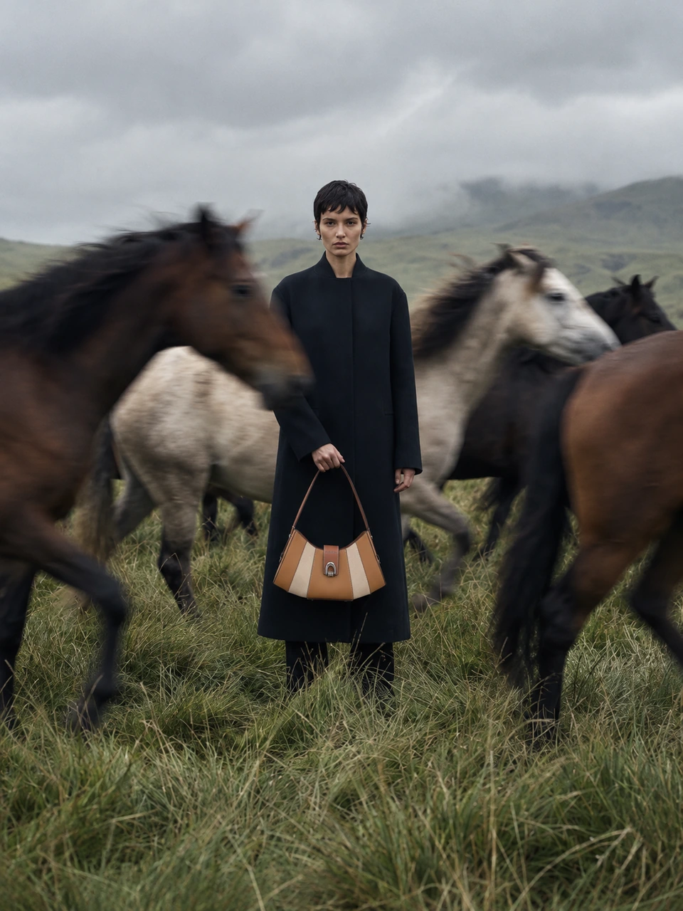 SU QUEENA brown and ivory shoulder bag with a dark coat among horses in a misty meadow.
