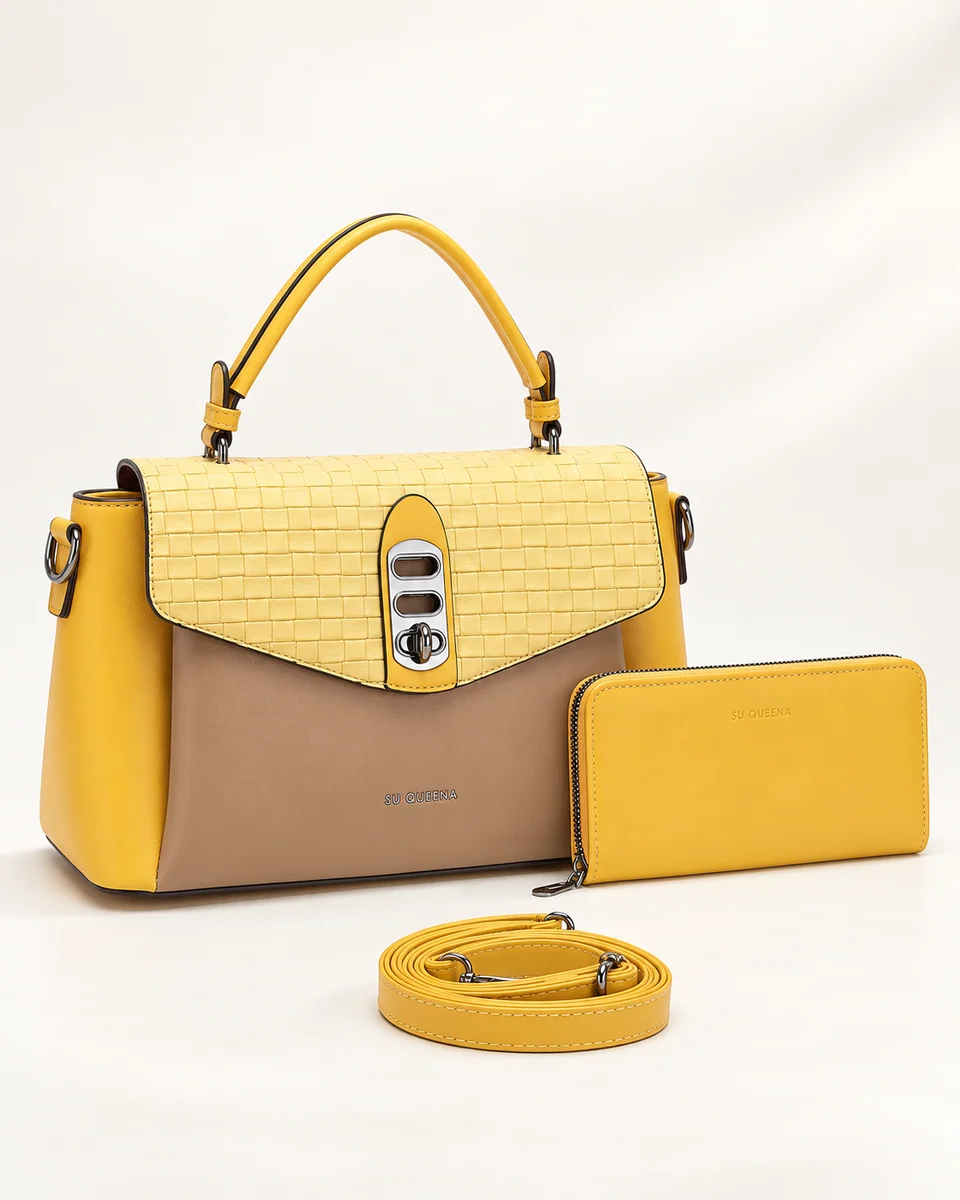 SU QUEENA 2603-1 yellow and taupe bag with basket-emboss flap, wallet and strap
