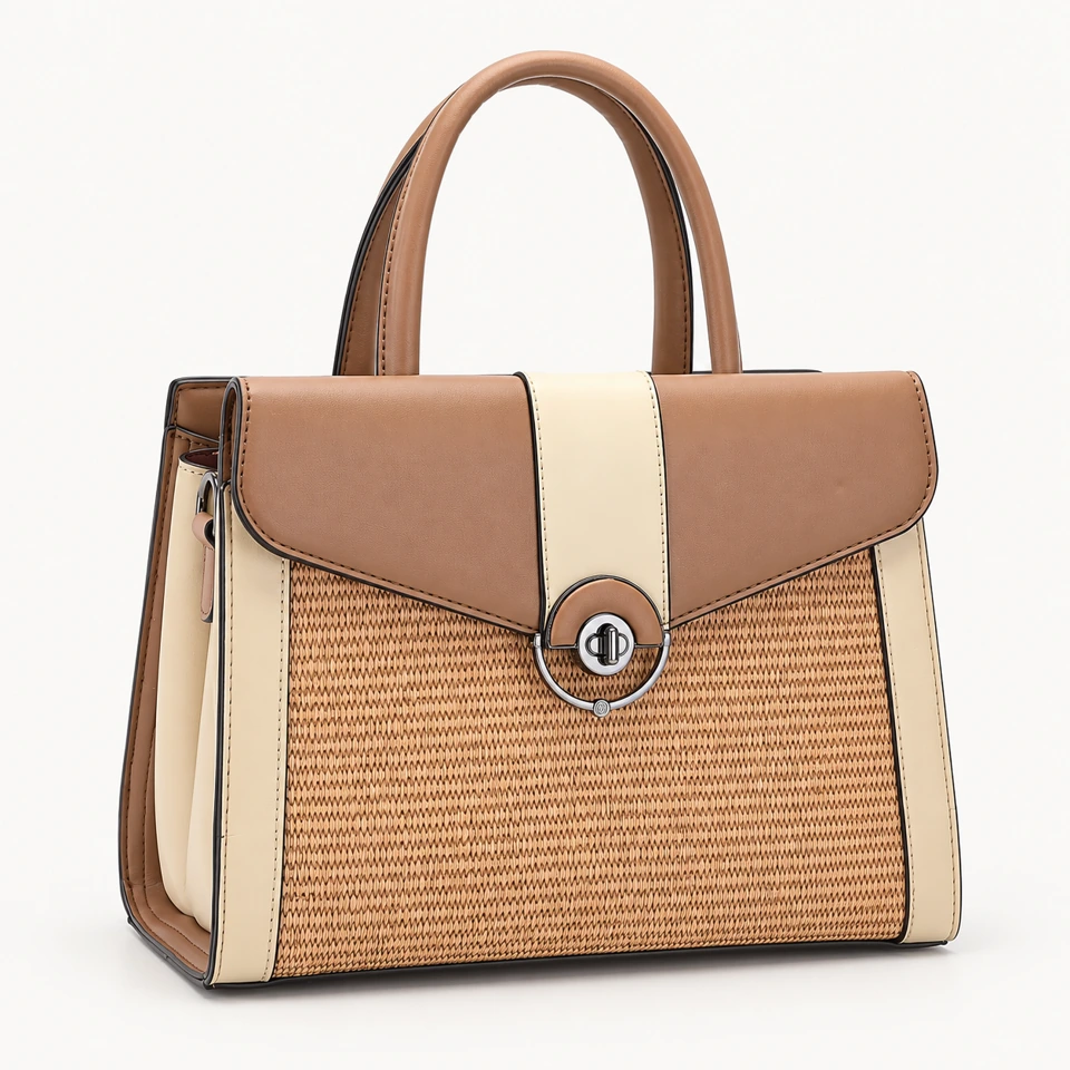 SU QUEENA 2615 brown and ivory woven-panel top-handle bag.
