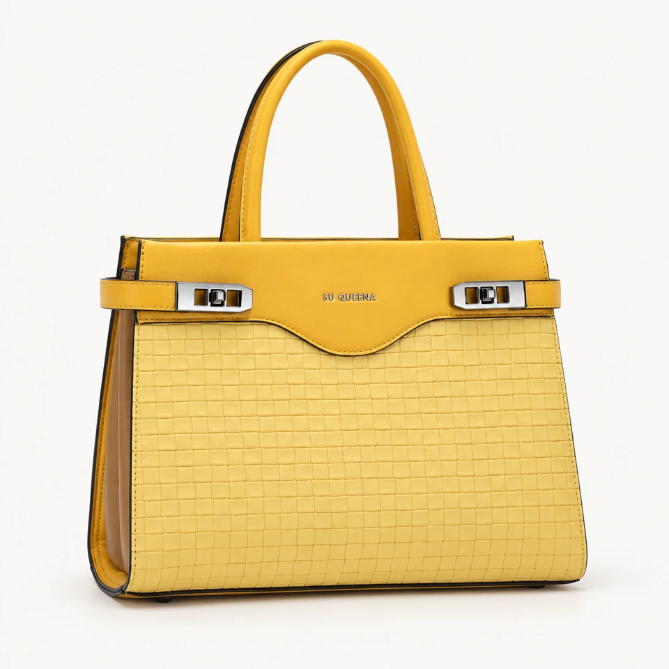 SU QUEENA 2702 yellow top-handle bag with embossed panel and twin clasps.