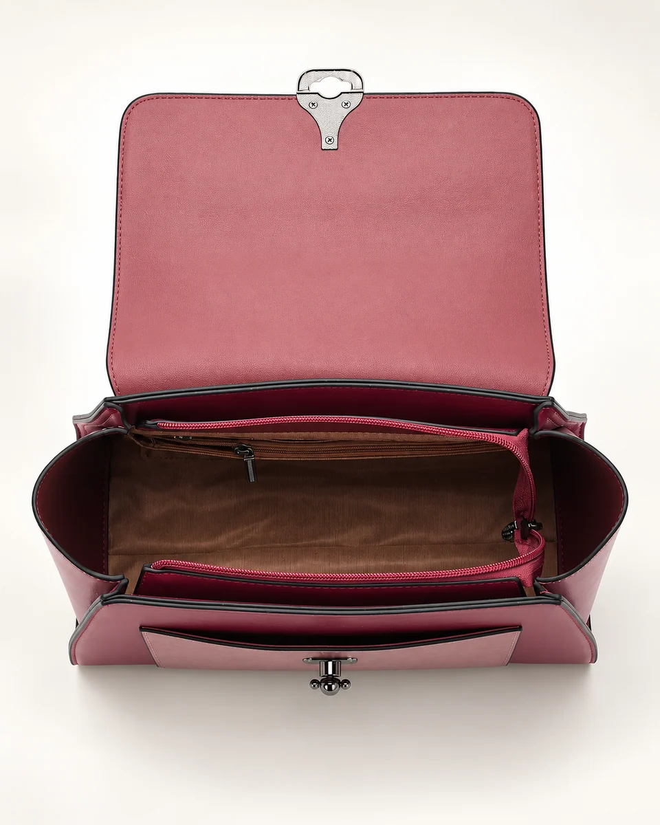 SU QUEENA 2784 open burgundy bag with brown lining and zipped compartments