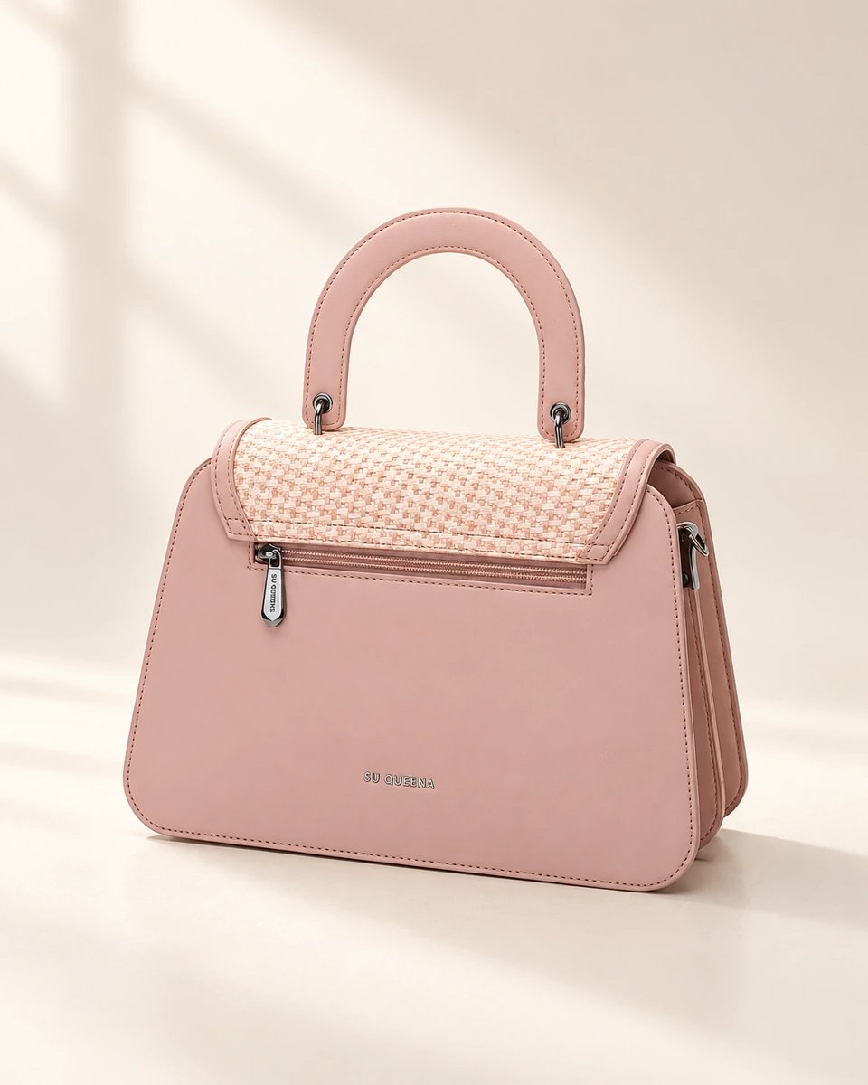 SU QUEENA 2787 pink bag rear view with woven trim and zip pocket