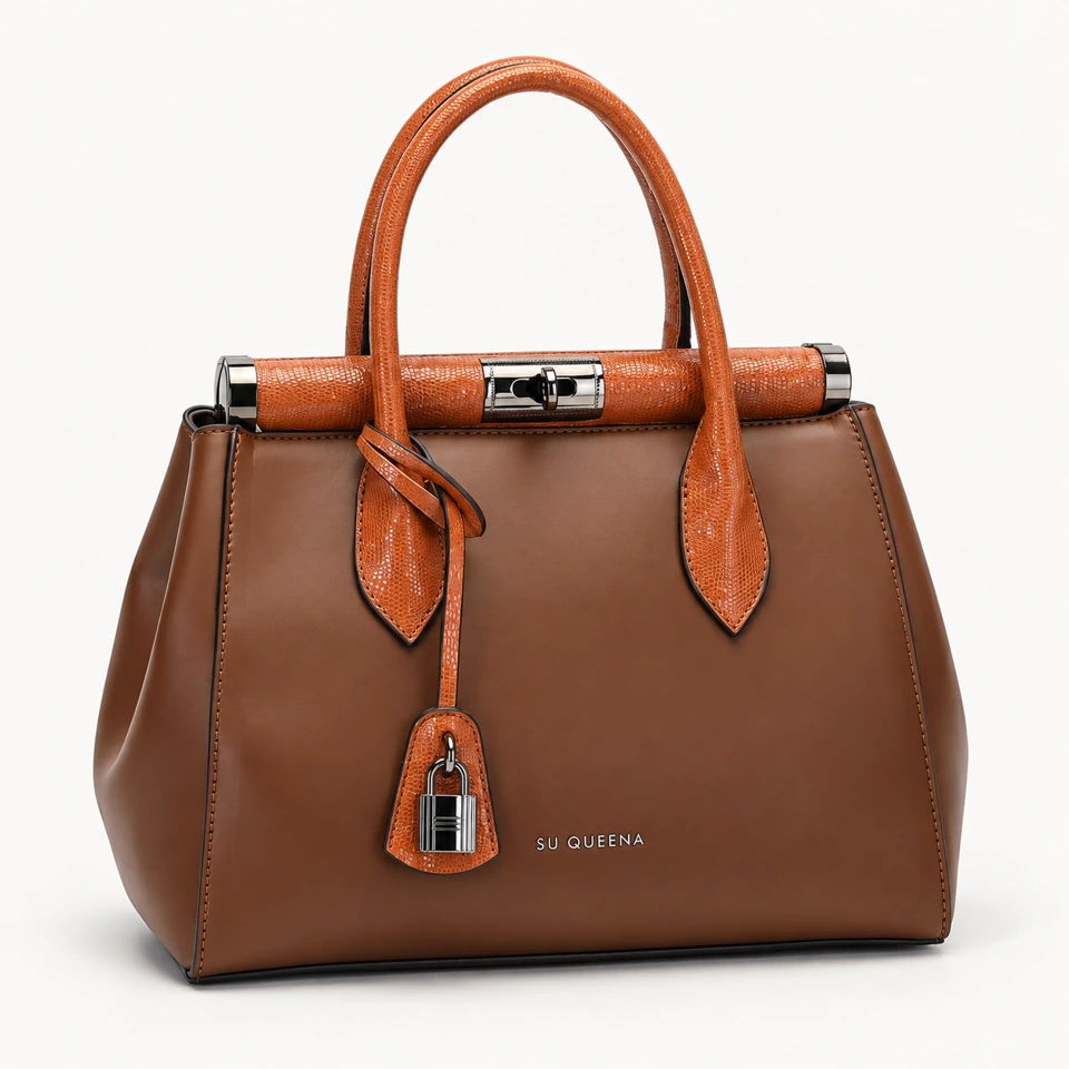 SU QUEENA 2896 brown and orange top-handle bag with lock charm.