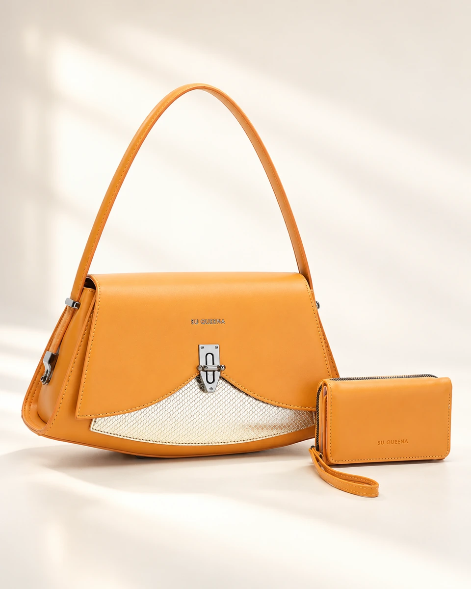 SU QUEENA 2966 orange bag with pale inset panel and wallet