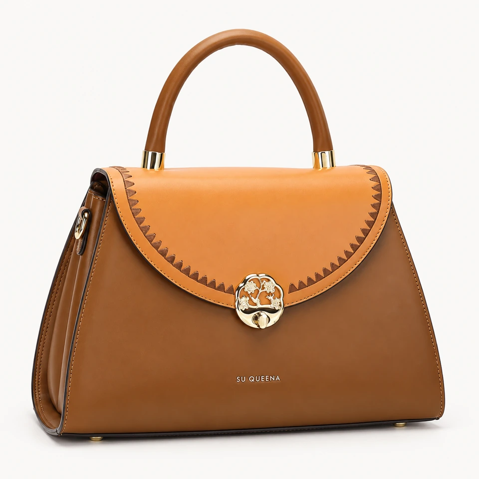 SU QUEENA 3131 brown and orange top-handle bag with floral gold clasp.