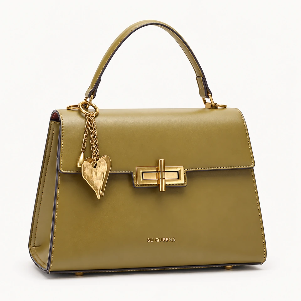 SU QUEENA 3170 olive top-handle bag with gold clasp and heart charm.