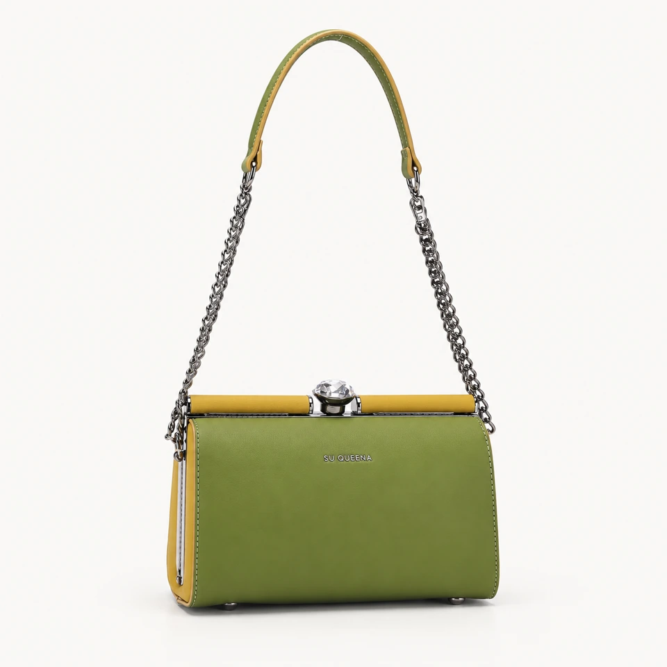 SU QUEENA 3174 olive and lemon frame bag with chain strap and jewel clasp.