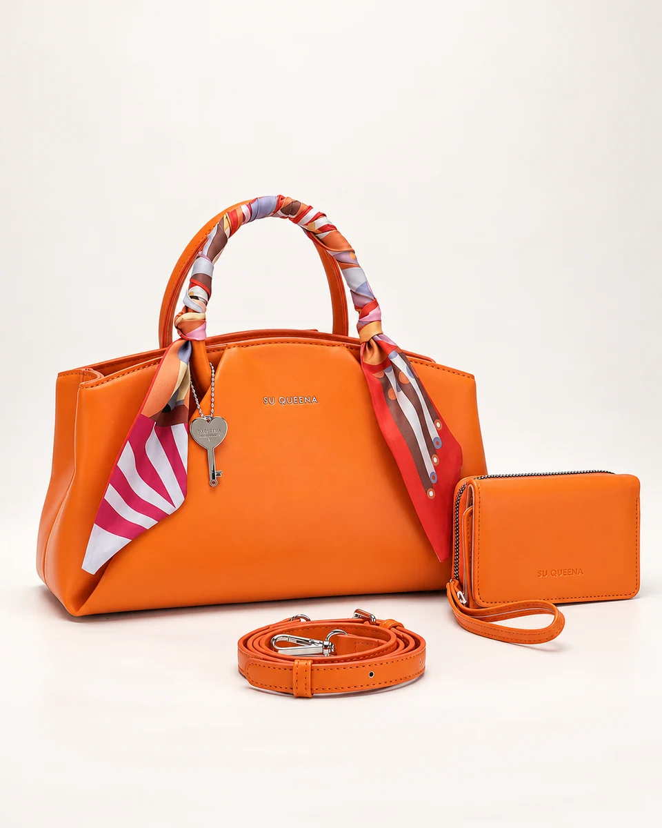 SU QUEENA 3177 orange bag with printed scarf, wallet and strap