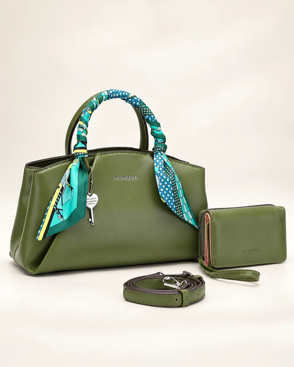SU QUEENA 3177 olive bag with turquoise scarf, wallet and strap