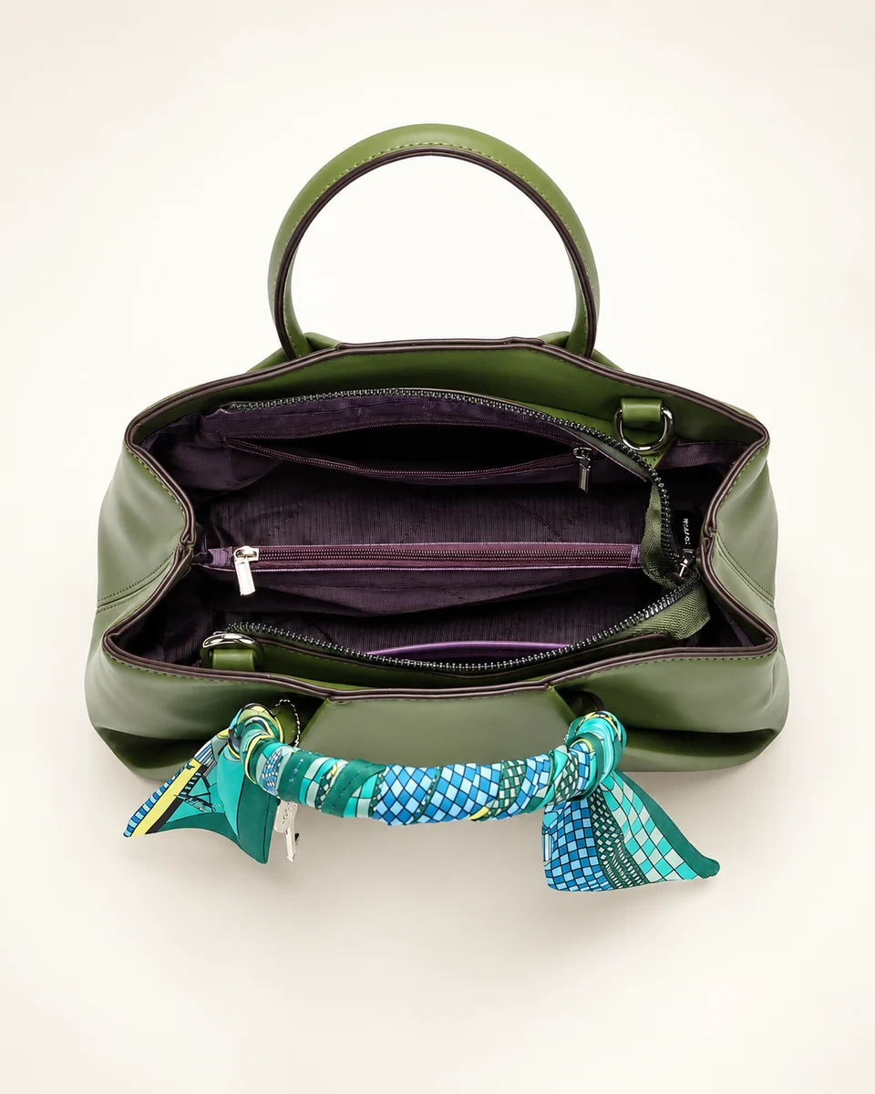 SU QUEENA 3177 open olive bag with plum lining and zipped divider