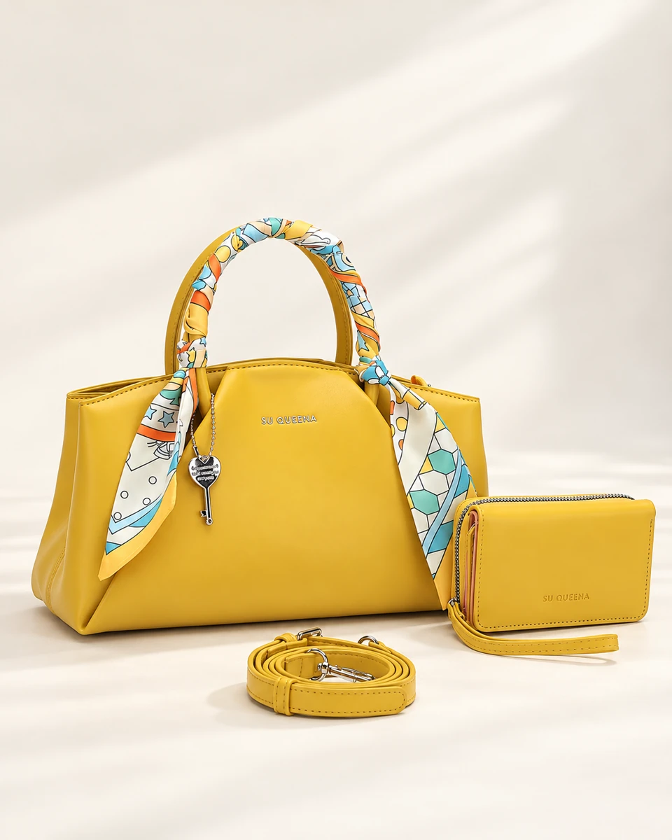 3177 yellow top-handle bag with patterned scarf