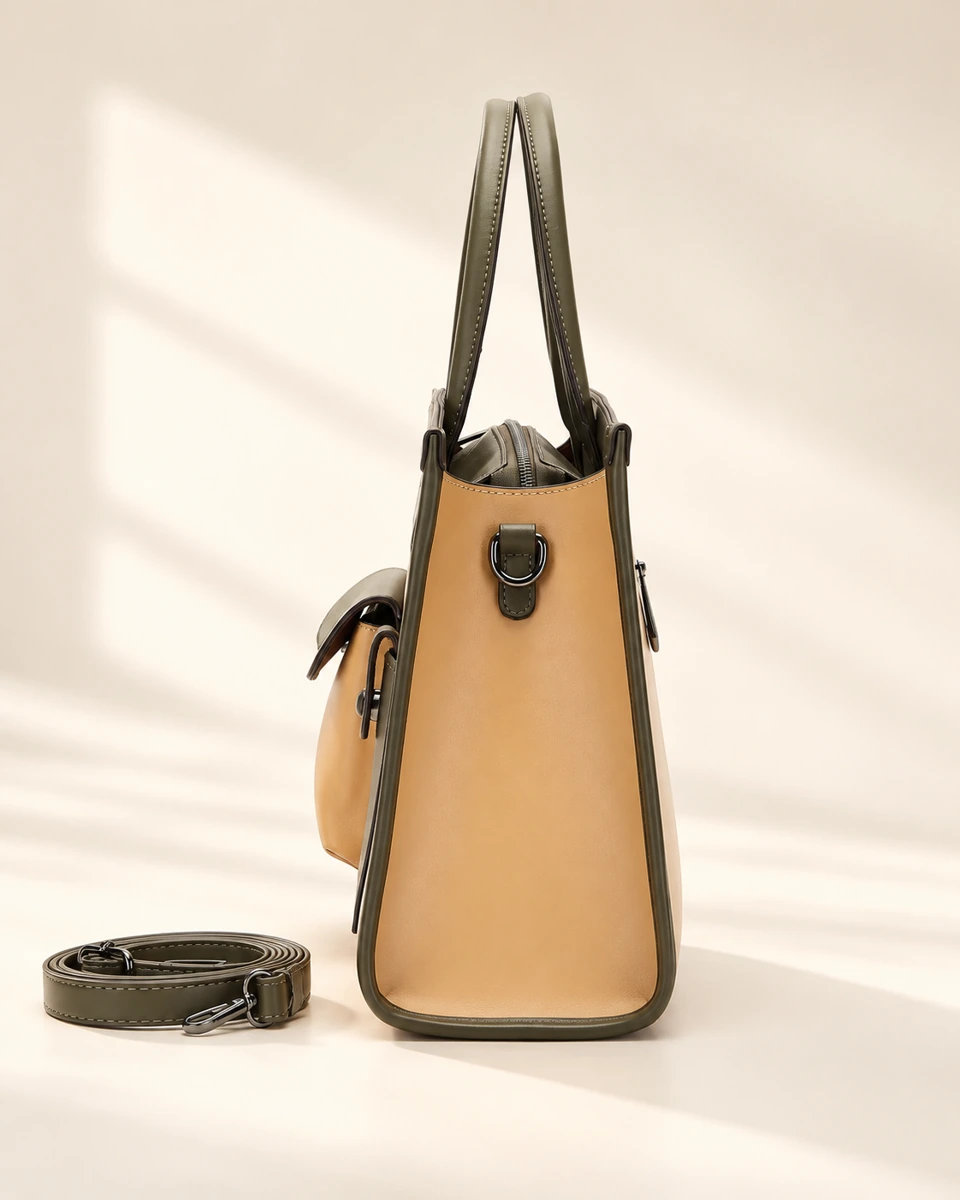 SU QUEENA 3184 apricot and olive tote side profile with strap