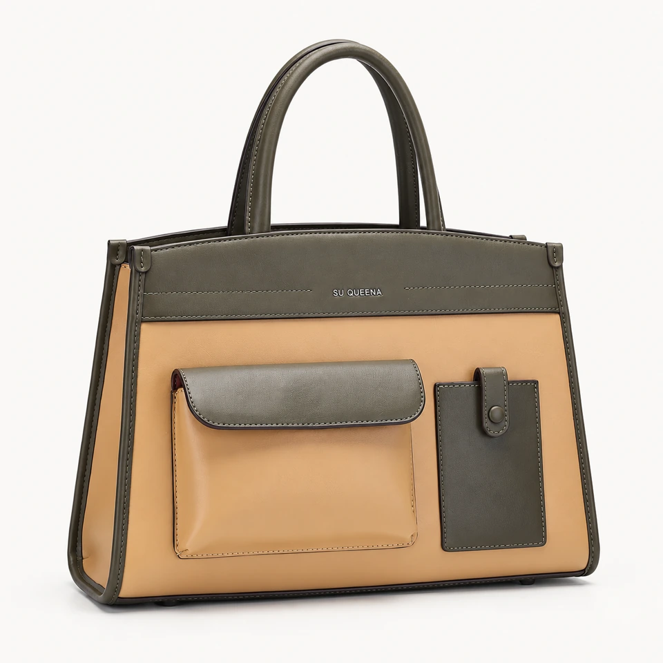 SU QUEENA 3184 apricot and olive tote with attached front pockets.