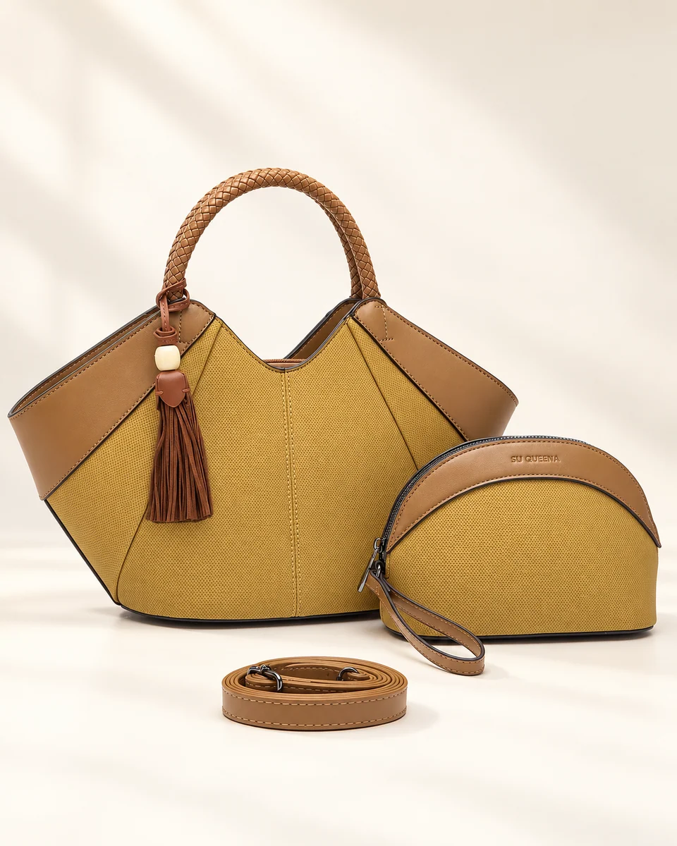 Model 3208, flared bag with a braided round handle, shown with a rounded pouch and coiled shoulder strap.