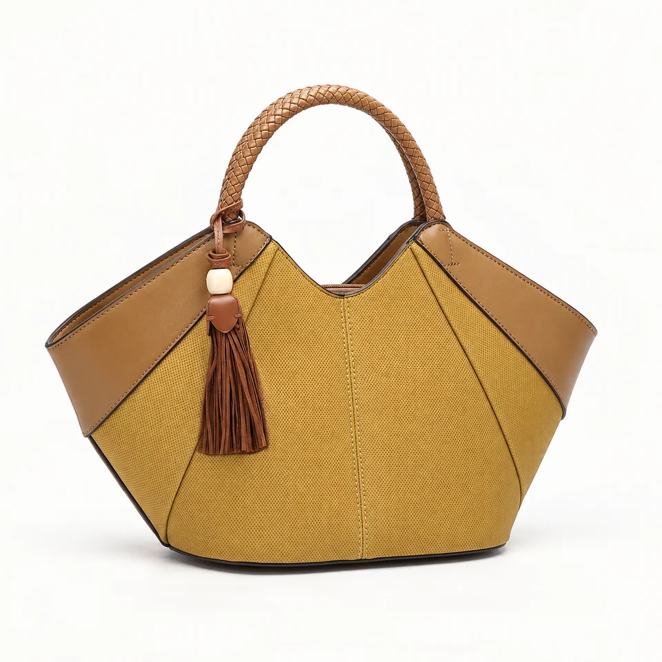 SU QUEENA 3208 mustard and tan fan-shaped bag with braided handle and tassel, isolated on off-white.