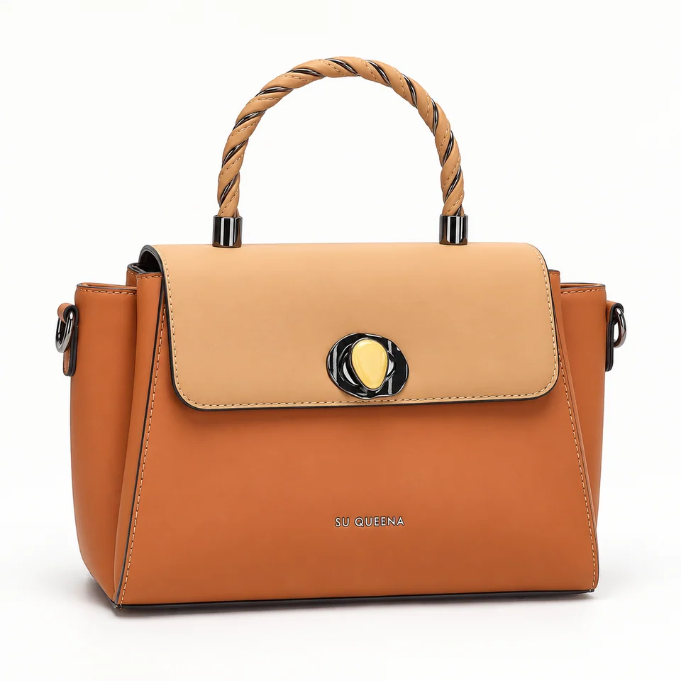 SU QUEENA3234 bag in caramel and apricot, isolated on off-white.