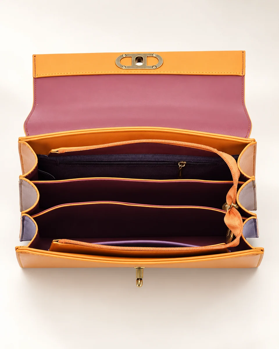 SU QUEENA 3244 open orange bag with plum lining and three compartments