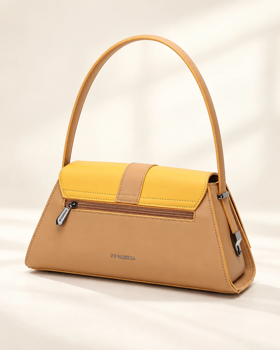 SU QUEENA 3253 yellow and camel shoulder bag rear zip pocket view