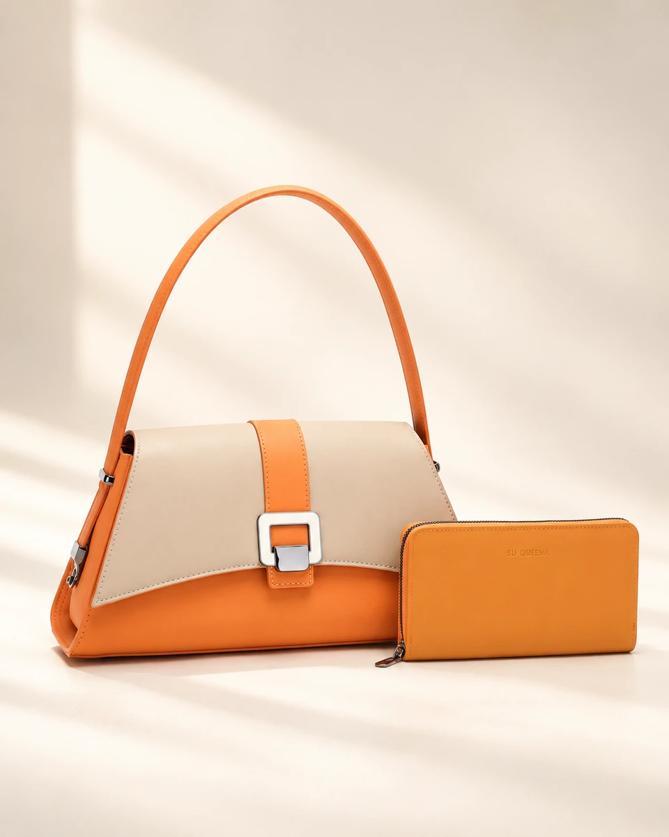 Model 3253, low trapezoid bag with a curved flap, shown with a wallet.